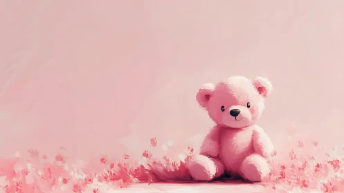 Pink teddy bear on pastel background with floral ground plane.