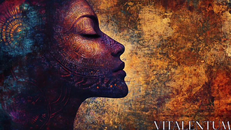 Digital painting profile with cybernetic mandala facial etching.