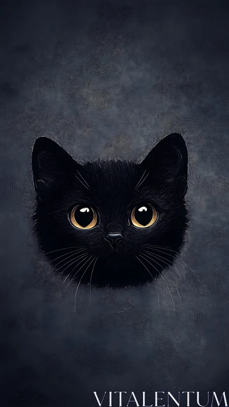 Black cat portrait with golden eyes against textured background.