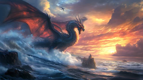 Oceanic dragon rises through storm surf at cinematic sunset.