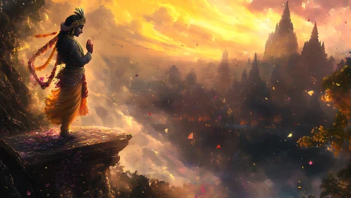 Figure on cliff edge before distant temples at sunset.