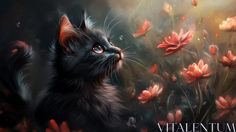 Black Cat Gazes Upward Among Blooming Red Flowers