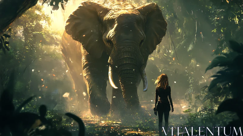 Backlit elephant confronting lone explorer in misted jungle