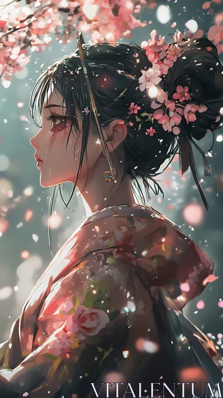 Spring-lit profile of kimono girl beneath drifting blossoms.