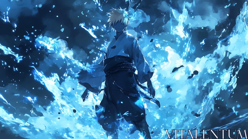 Anime fighter stands in swirling blue energy explosion
