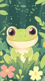 Cute green cartoon frog sitting in bright forest flowers.