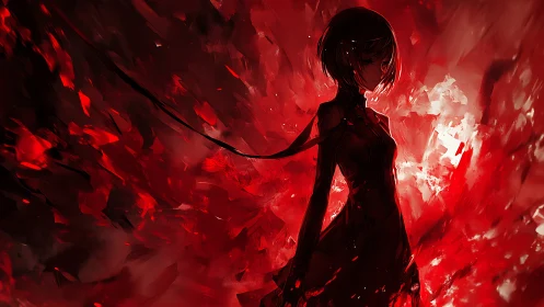 Crimson shadow girl carves silence through a burning storm
