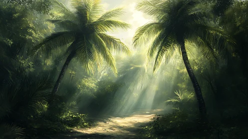 Luminous Jungle Cathedral: Palms Frame Sacred Light.