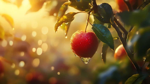 Sunlit dewy apple on branch with glowing bokeh background.