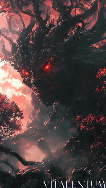 Tree-like demonic entity dominates fiery red forest sky