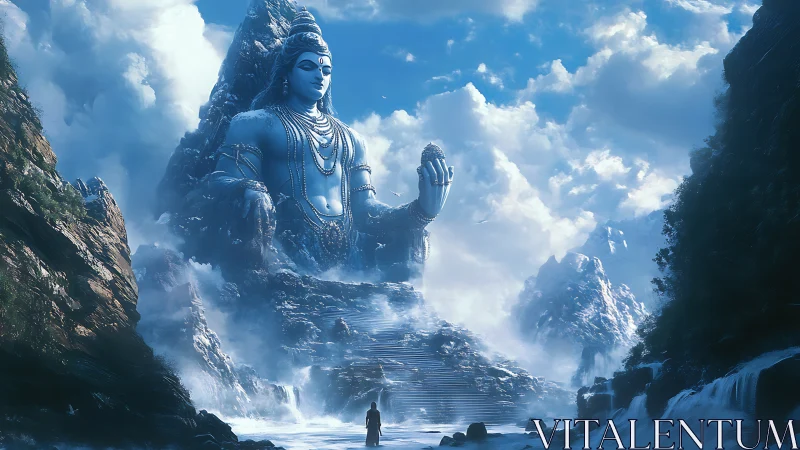 Colossal seated deity statue in misty mountain valley.
