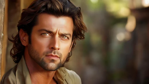 Brooding long-haired man in sunlit rustic portrait.