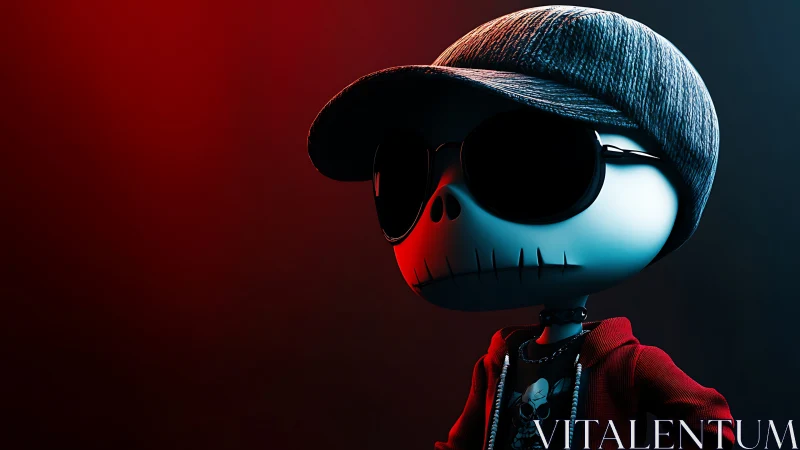 Stylized skull character wearing cap and sunglasses stands confidently