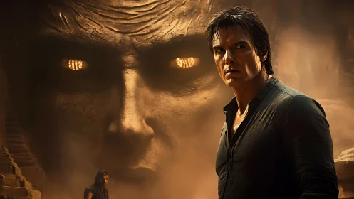 Explorer confronts colossal glowing-eyed stone deity