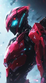 Crimson mech knight tilts skyward and ignites neon resolve