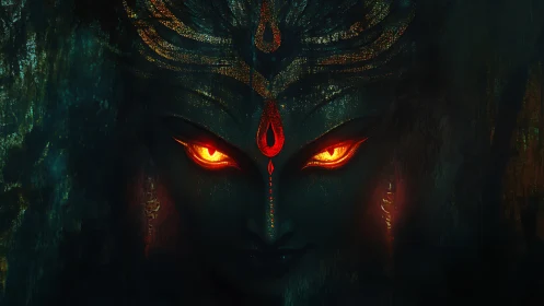 Fiery eyed dark goddess face emerging from deep shadow.