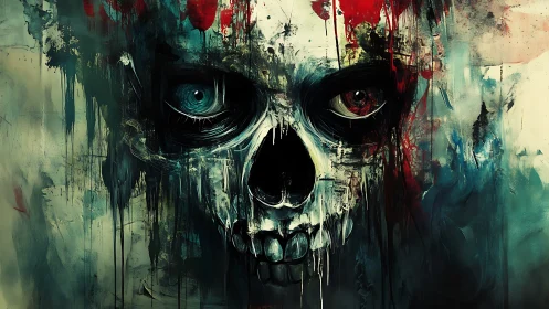 Skull-like face with asymmetric eyes emerges from dripping paint