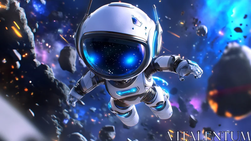 Microgravity traversal by luminous chibi astronaut unit in debris field.