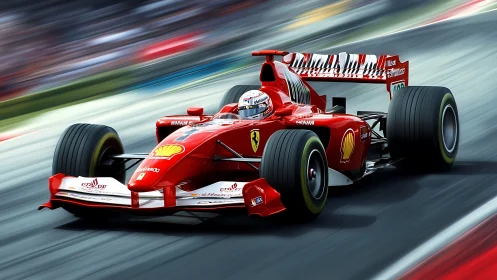 Photorealistic Formula One scarlet racer in high-speed motion.