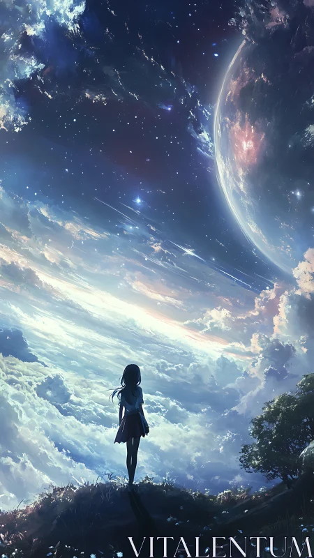 Silhouetted figure observes expansive sky and planetary horizon