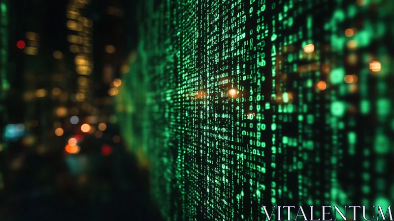 Green digital code matrix against blurred urban lights.