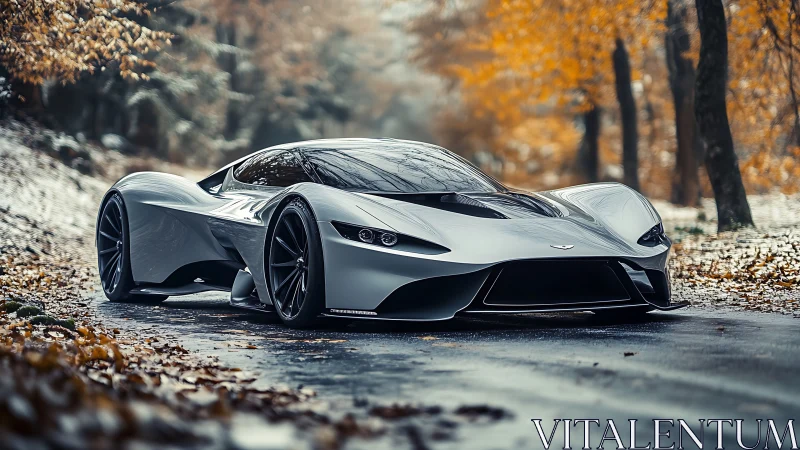 Silver futuristic supercar on wet forest road in autumn.