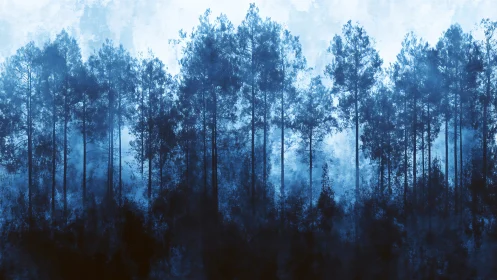 Misty pine forest rises through deep blue atmospheric haze.