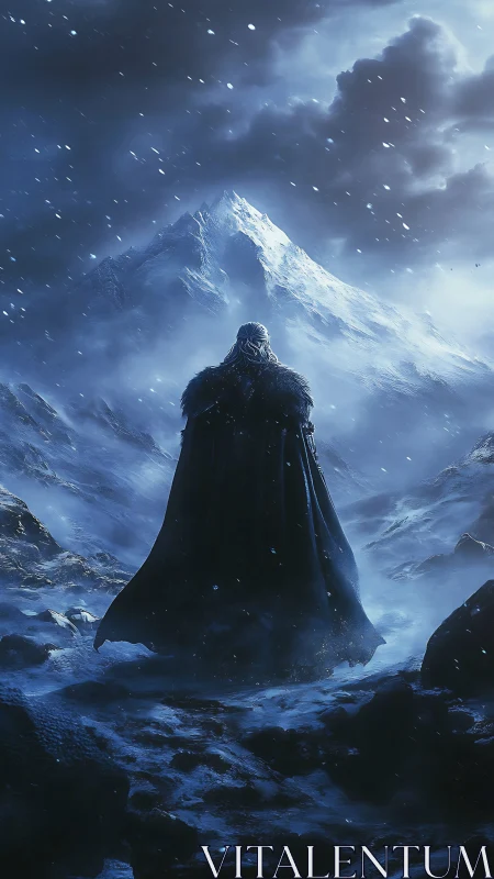 Lone cloaked figure facing a distant snow-covered mountain.