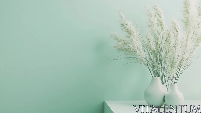 Soft mint backdrop with white pampas grass in matte ceramic vases