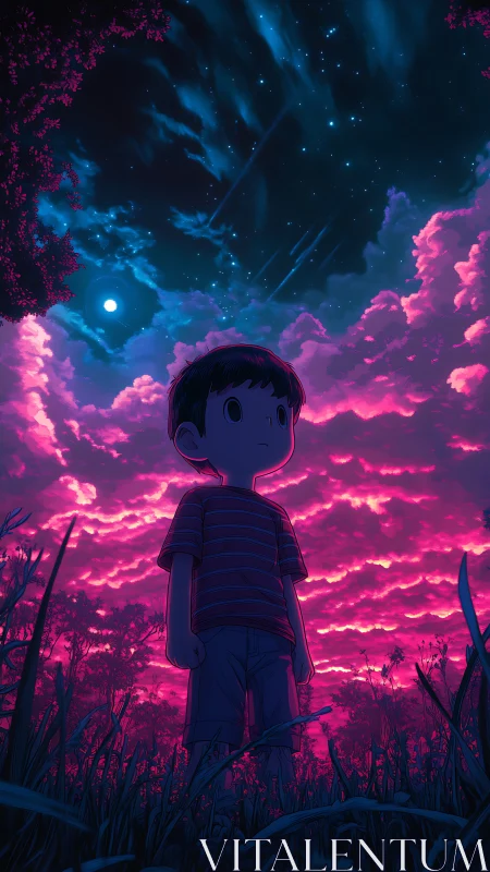 Noctilucent sky study with silhouetted child observer profile.