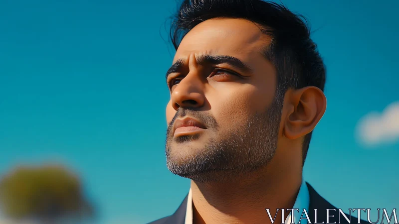 Determined man gazes upward under clear cyan sky.