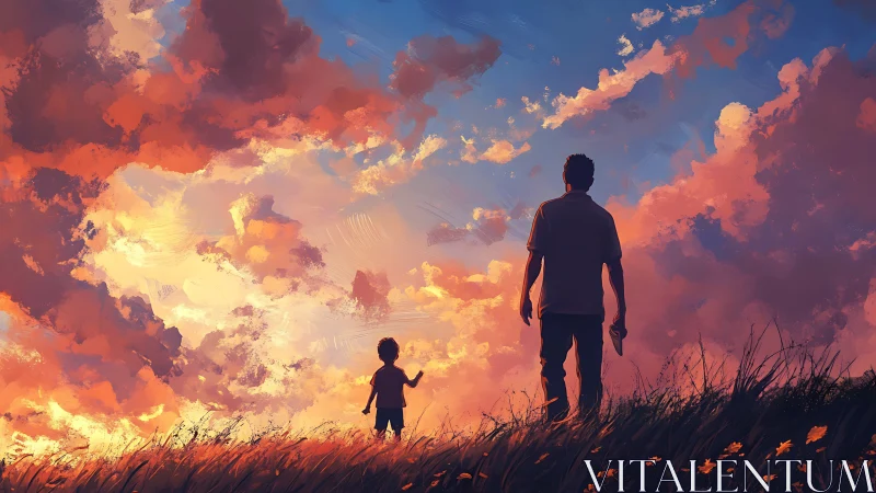 Sunset guardians strolling beneath a wildfire-painted sky.