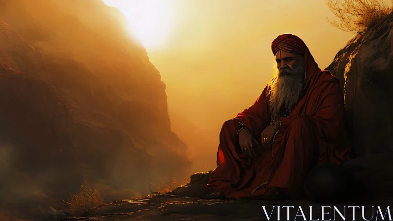 Sunlit mystic elder seated on rocky desert cliff at dusk.