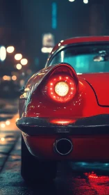 Red classic car tail light on wet night city street.