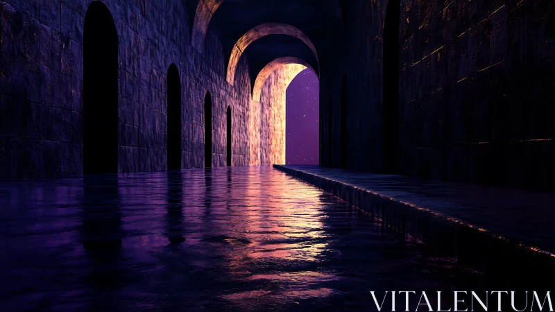 Stone corridor with reflective water and violet portal.