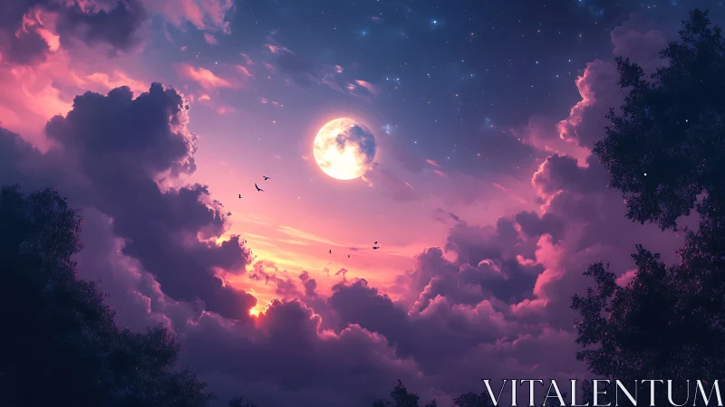 Full moon over clouds in twilight sky with silhouetted trees.