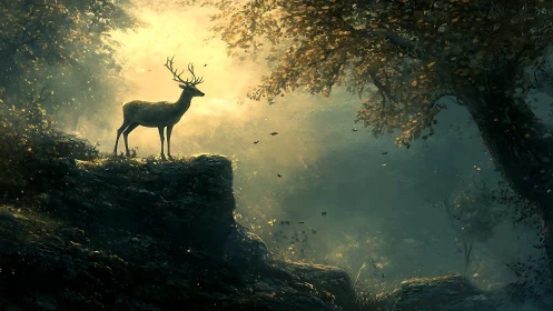 Golden forest stag pausing in a quiet morning glow.