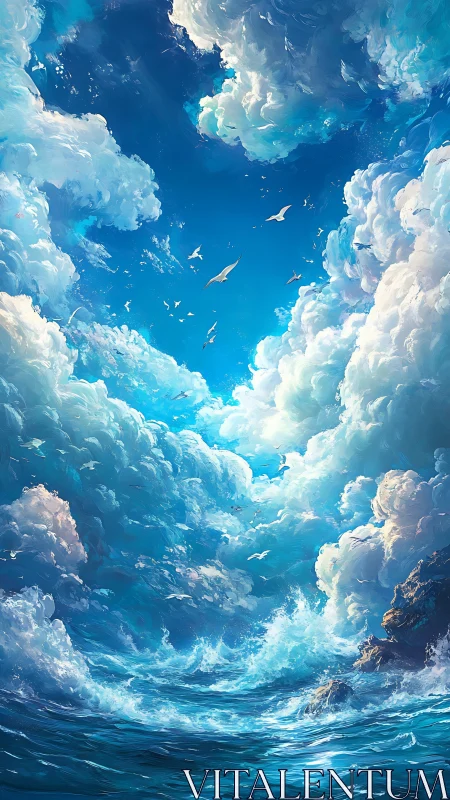 Dramatic ocean waves under towering sunlit clouds.