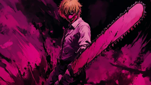 Chainsaw-wielding antihero wrapped in electric pink fury.