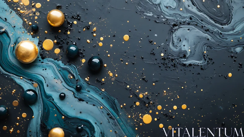 Golden spheres drift over teal and black fluid galaxies