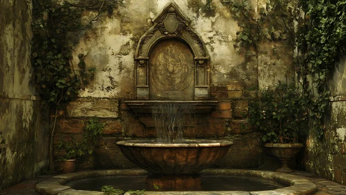 Gentle courtyard fountain whispers softly against old stone