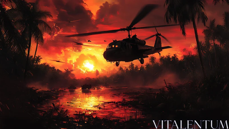 Combat helicopter over blazing jungle river at sunset.