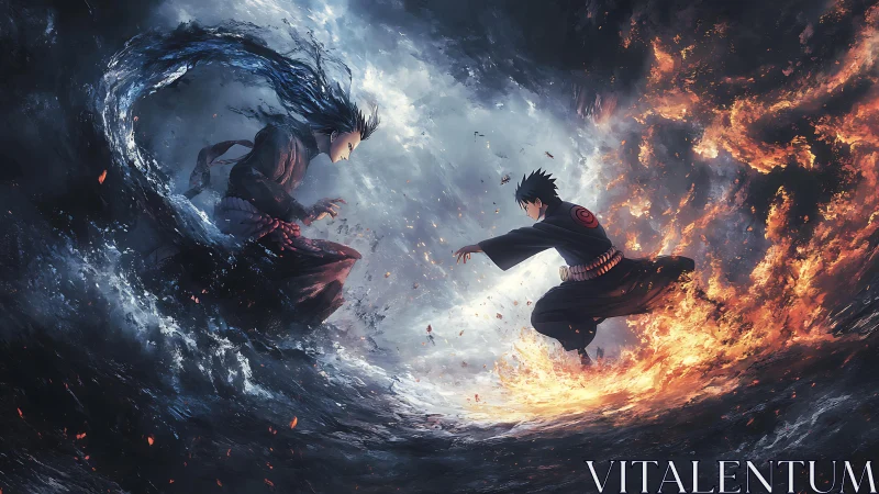 Elemental duel ignites between storm-swept water and roaring fire.