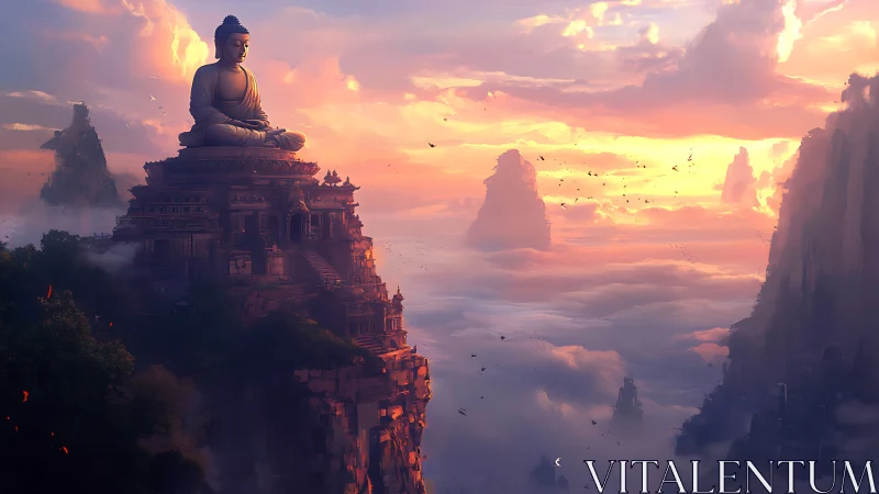 Buddha statue atop cliffside temple above clouded valley.