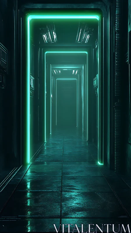 Cyan illuminated sci fi corridor with recursive light portals