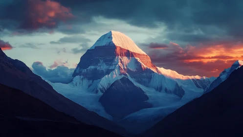 Snowy mountain peak under dramatic red sunset sky.