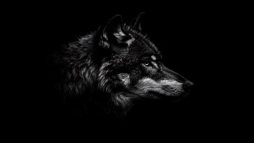 Lone wolf profile in stark monochrome darkness.