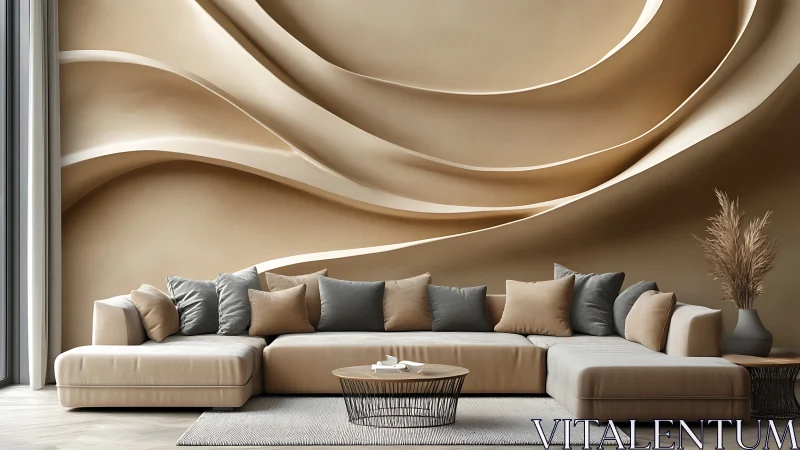 Curved wall relief frames sectional sofa in neutral interior