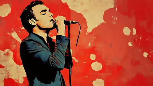 Singer in profile performs against bold red abstract wall.