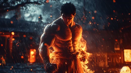 Fiery martial artist stands defiant in cinematic night rain.